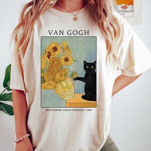Van Gogh Cat Shirt, Vintage Art Tee, Black Cat Shirt, Sunflower Cat T-Shirt